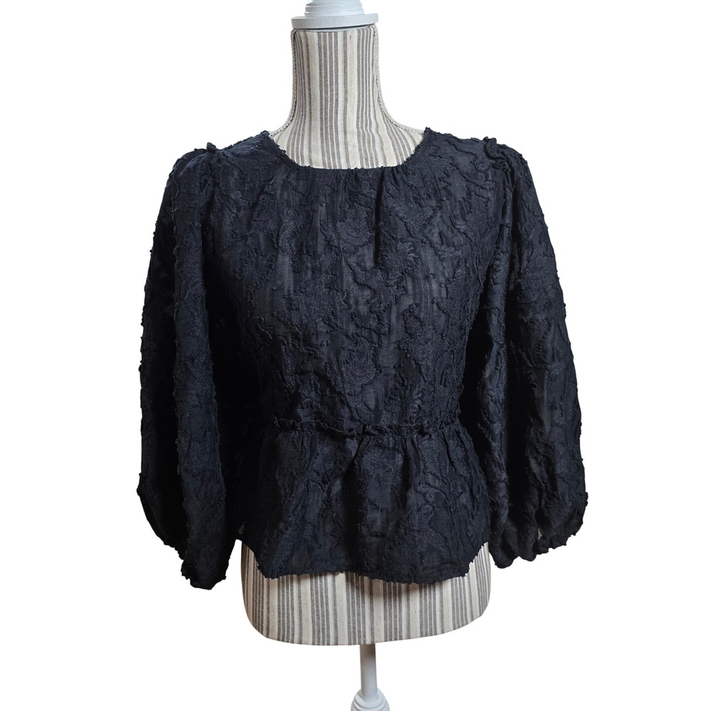 Free People Black Lace Whimsigoth Peplum Blouse Puff Sleeve Romantic Boho Medium